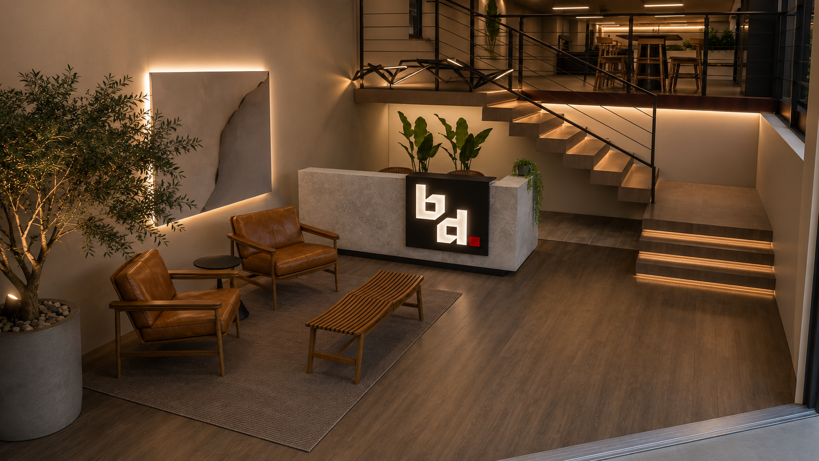 Lobby sofisticado com poltronas de couro